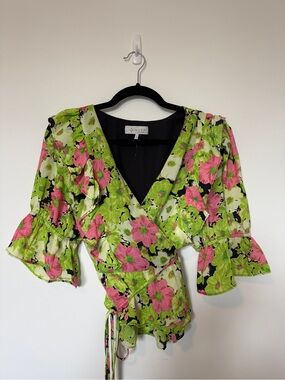 Wayf Pink & Green Floral Wrap Blouse